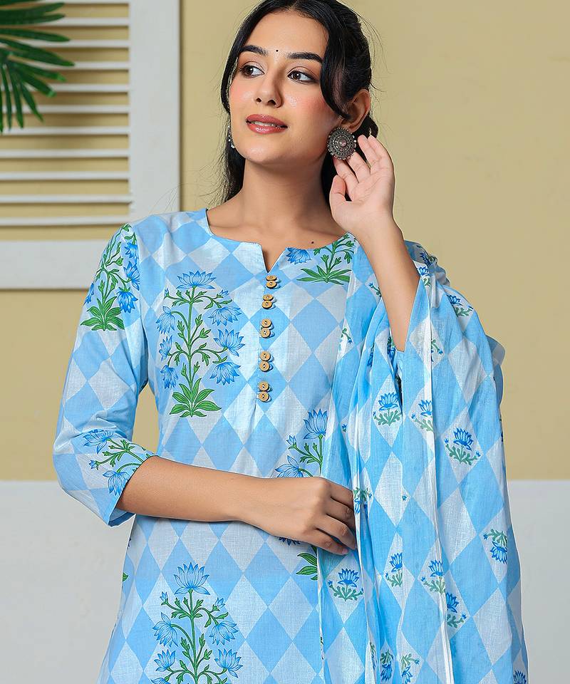 blue cotton straight kurta pant dupatta set