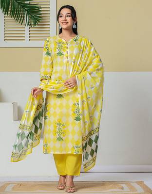 yellow cotton straight kurta pant dupatta set 1