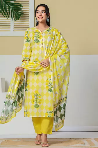 yellow cotton straight kurta pant dupatta set