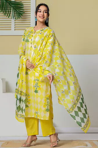 yellow cotton straight kurta pant dupatta set
