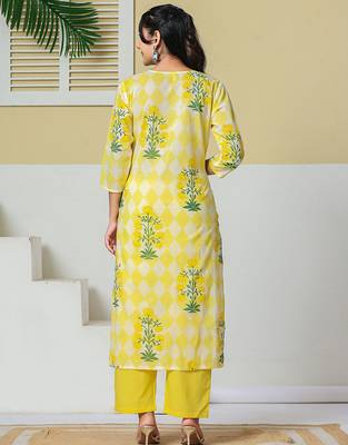 yellow cotton straight kurta pant dupatta set 3