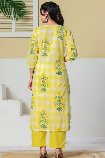 yellow cotton straight kurta pant dupatta set