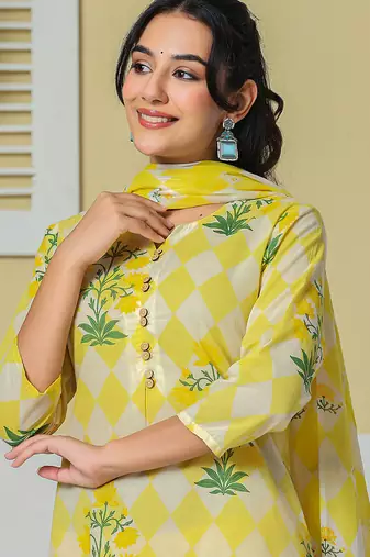 yellow cotton straight kurta pant dupatta set