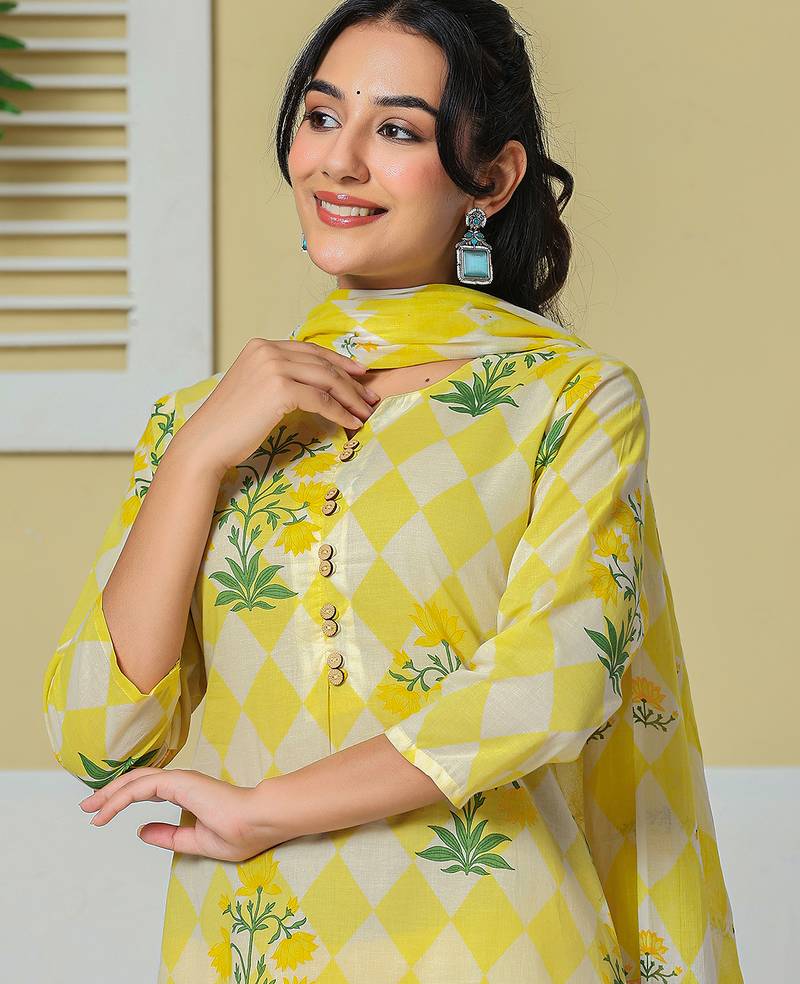yellow cotton straight kurta pant dupatta set