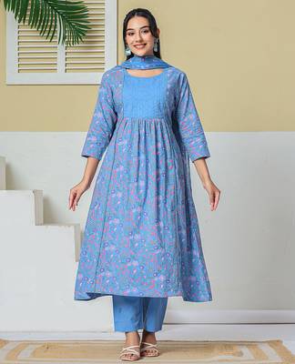 sky blue cotton kantha work kurta pant dupatta set 1