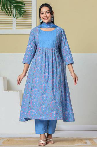 sky blue cotton kantha work kurta pant dupatta set