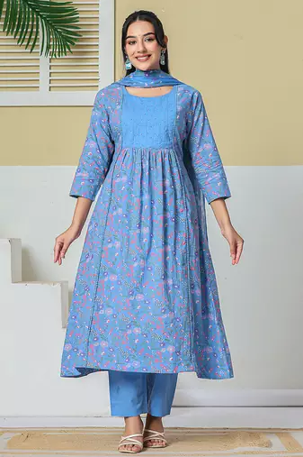 sky blue cotton kantha work kurta pant dupatta set