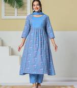 sky blue cotton kantha work kurta pant dupatta set