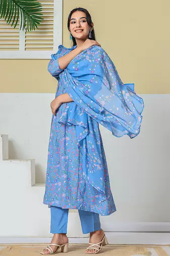 sky blue cotton kantha work kurta pant dupatta set