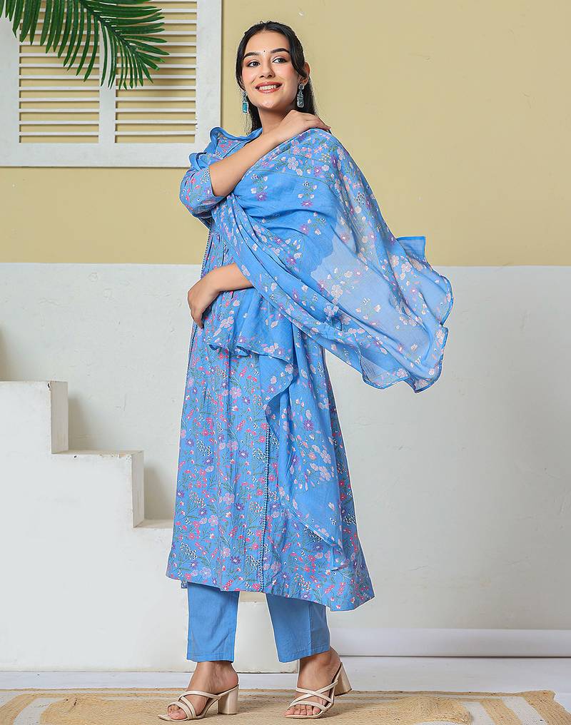 sky blue cotton kantha work kurta pant dupatta set