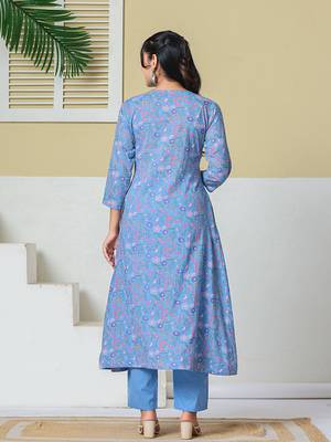 sky blue cotton kantha work kurta pant dupatta set 3