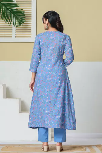 sky blue cotton kantha work kurta pant dupatta set
