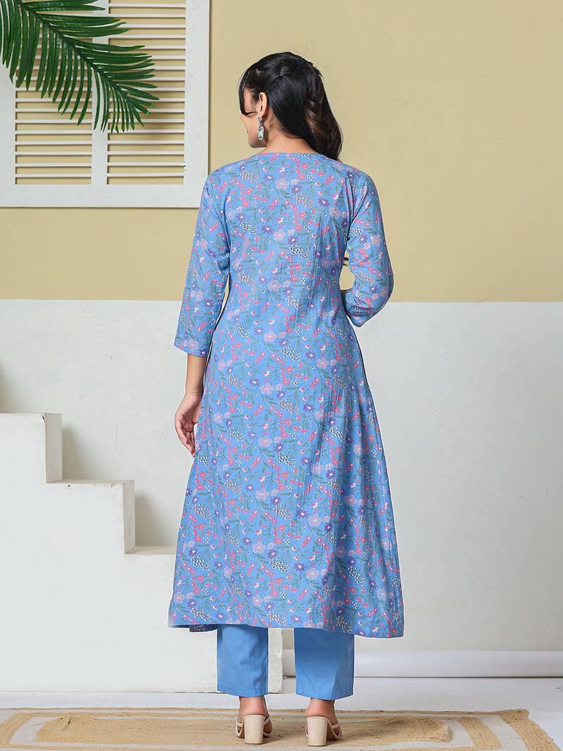 sky blue cotton kantha work kurta pant dupatta set