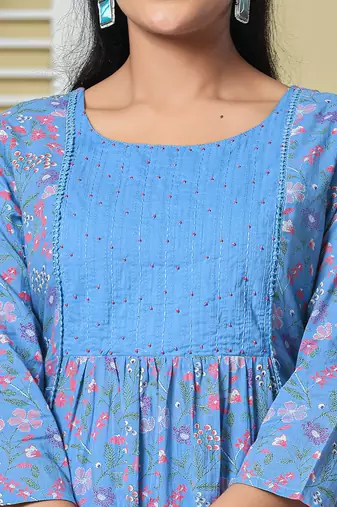 sky blue cotton kantha work kurta pant dupatta set