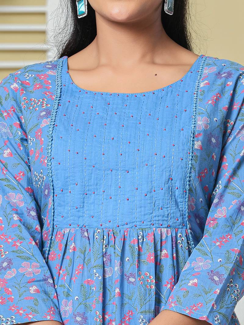 sky blue cotton kantha work kurta pant dupatta set