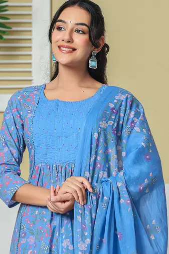 sky blue cotton kantha work kurta pant dupatta set