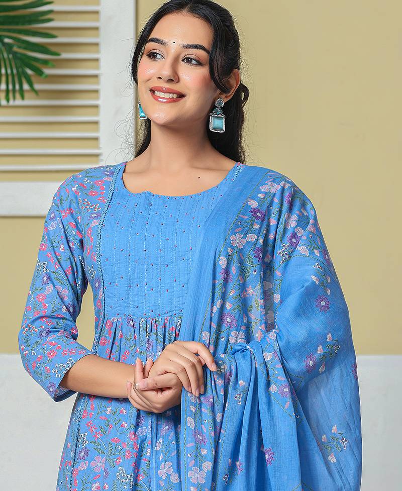sky blue cotton kantha work kurta pant dupatta set