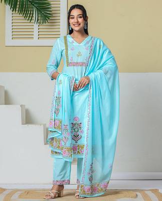 Yufta sky blue cotton kurta pant dupatta set 1