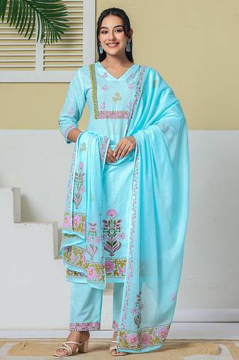 Yufta sky blue cotton kurta pant dupatta set