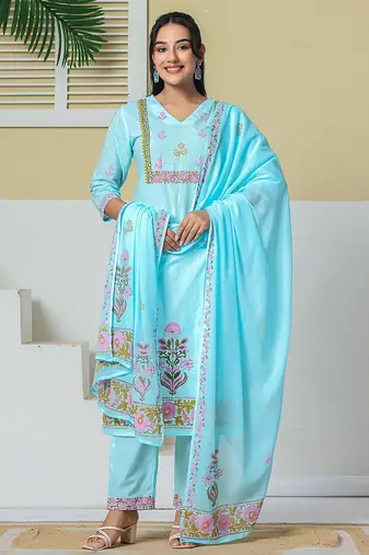 Yufta sky blue cotton kurta pant dupatta set