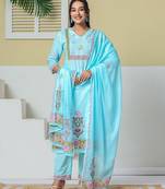 Yufta sky blue cotton kurta pant dupatta set