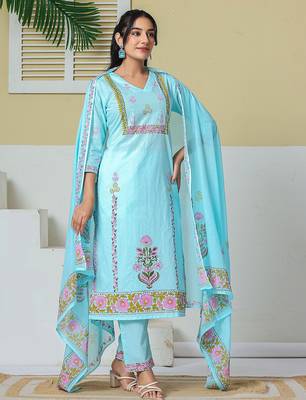 Yufta sky blue cotton kurta pant dupatta set 2
