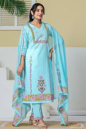 Yufta sky blue cotton kurta pant dupatta set