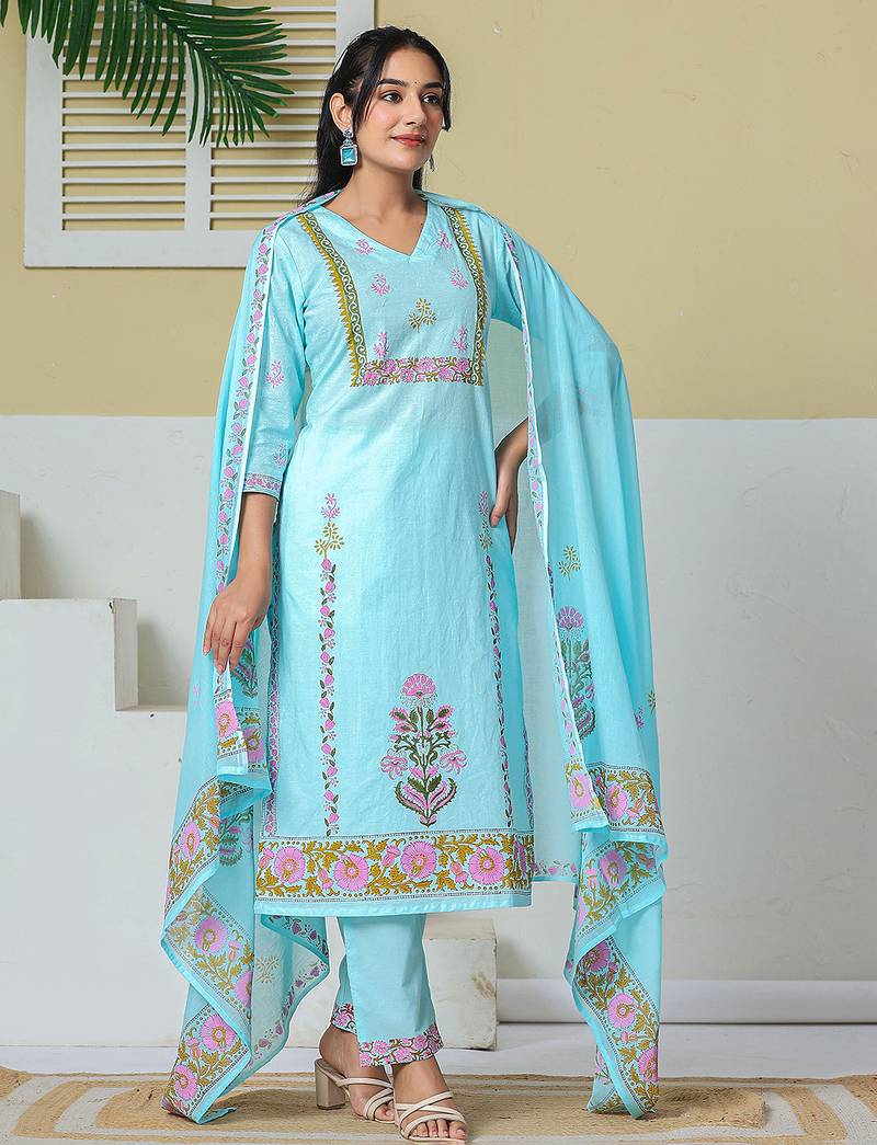 Yufta sky blue cotton kurta pant dupatta set
