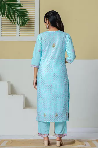 Yufta sky blue cotton kurta pant dupatta set