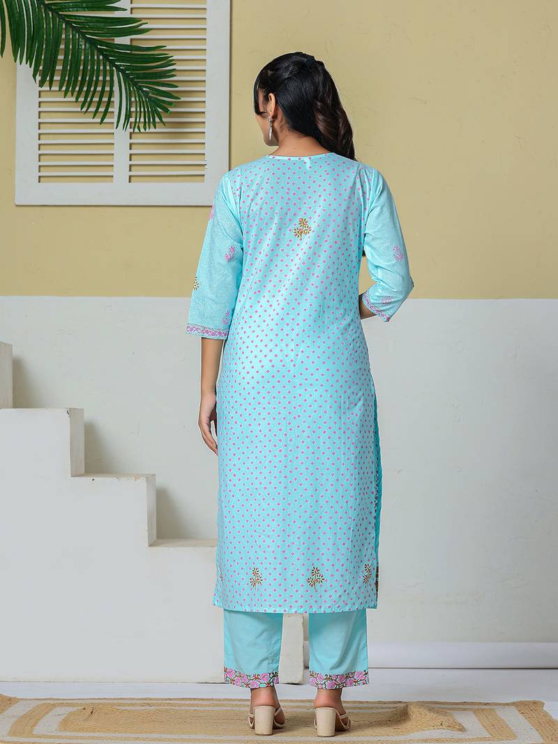 Yufta sky blue cotton kurta pant dupatta set