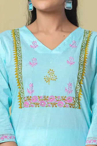 Yufta sky blue cotton kurta pant dupatta set