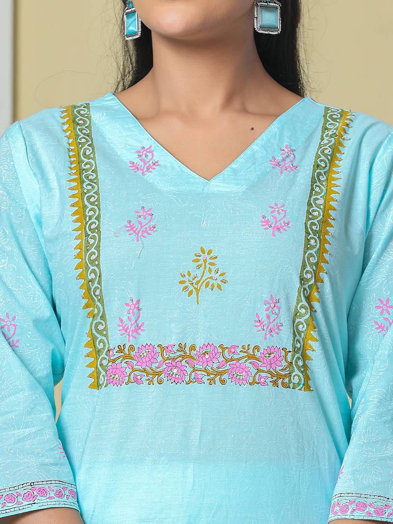 Yufta sky blue cotton kurta pant dupatta set
