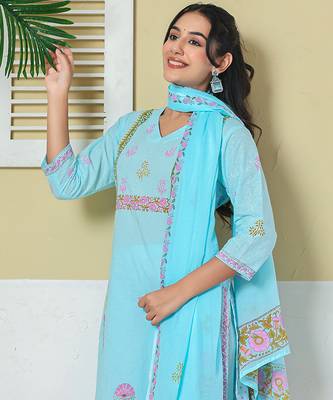 Yufta sky blue cotton kurta pant dupatta set 5