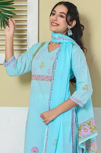 Yufta sky blue cotton kurta pant dupatta set