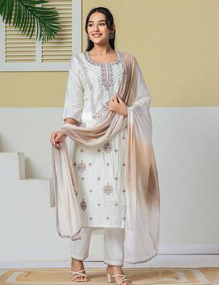 off white roman silk embroidery straight lining kurta pant dupatta set 1