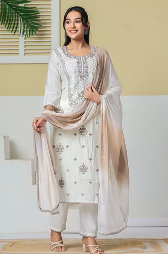 off white roman silk embroidery straight lining kurta pant dupatta set