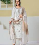 off white roman silk embroidery straight lining kurta pant dupatta set