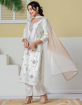 off white roman silk embroidery straight lining kurta pant dupatta set 2