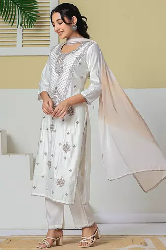 off white roman silk embroidery straight lining kurta pant dupatta set