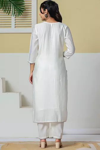 off white roman silk embroidery straight lining kurta pant dupatta set