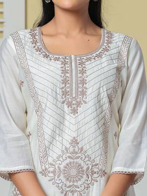off white roman silk embroidery straight lining kurta pant dupatta set 4