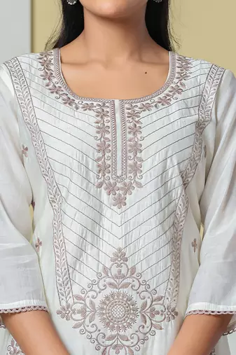 off white roman silk embroidery straight lining kurta pant dupatta set