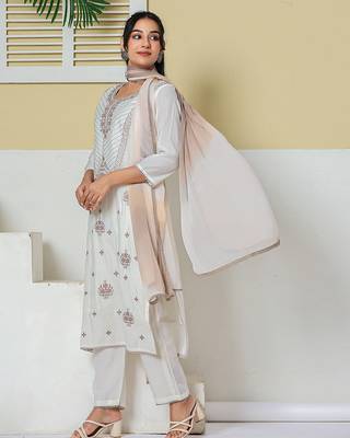 off white roman silk embroidery straight lining kurta pant dupatta set 5