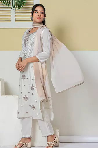 off white roman silk embroidery straight lining kurta pant dupatta set