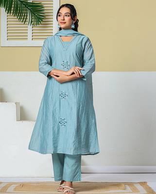 blue mul chanderi embroidery a line kurta pant dupatta set 1