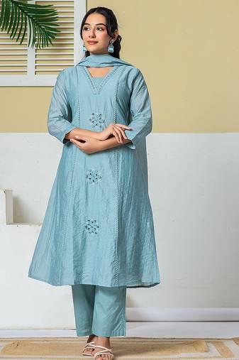 blue mul chanderi embroidery a line kurta pant dupatta set