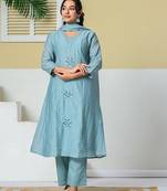 blue mul chanderi embroidery a line kurta pant dupatta set