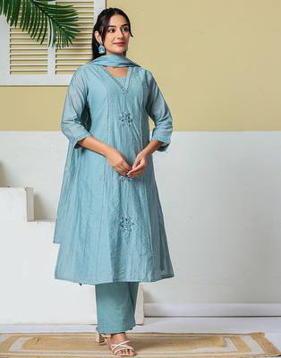 blue mul chanderi embroidery a line kurta pant dupatta set 2