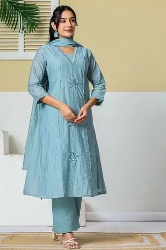 blue mul chanderi embroidery a line kurta pant dupatta set