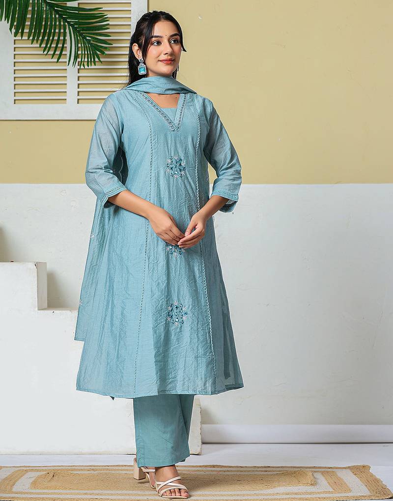 blue mul chanderi embroidery a line kurta pant dupatta set